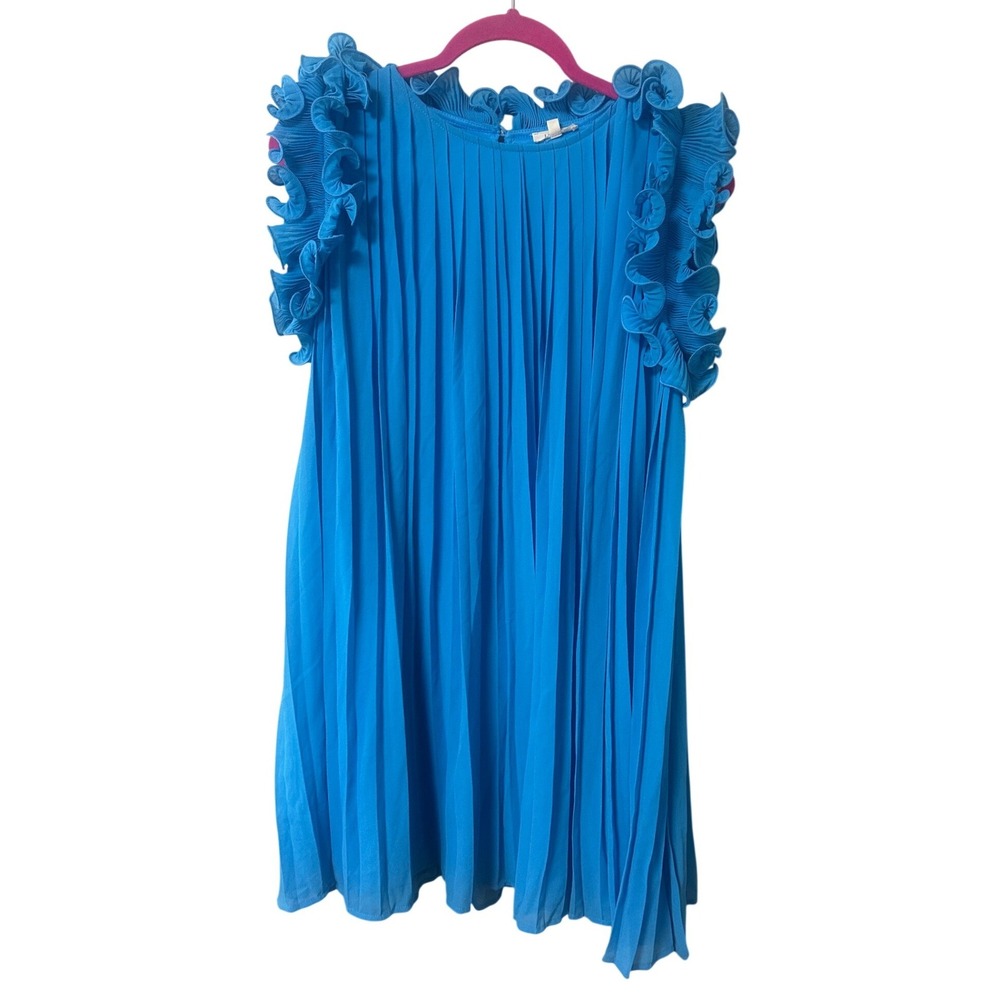 Jodifl Blue Pleated Ruffle Sleeveless Shift Dress B9440 Womens Small